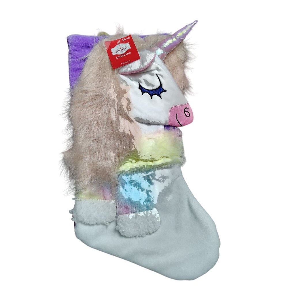 Holiday Time 20 inch 3D Unicorn Purple Plush Christmas Stocking
